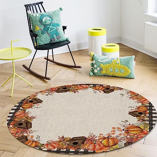 Thanksgiving Autumn Round Area Rug 3ft,Washable Outdoor Indoor Carpet Runner Rug for Bedroom,Kitchen,Living Room,Office,Area+Rug Small Bath Door Desk Floor Mat Farmhouse Pumpkin Mushroom Leaves