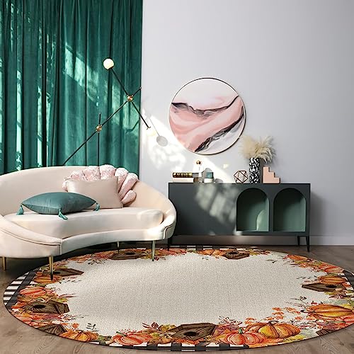 Thanksgiving Autumn Round Area Rug 3ft,Washable Outdoor Indoor Carpet Runner Rug for Bedroom,Kitchen,Living Room,Office,Area+Rug Small Bath Door Desk Floor Mat Farmhouse Pumpkin Mushroom Leaves