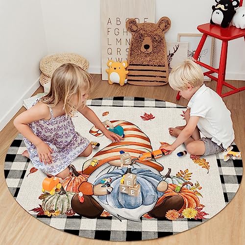 Thanksgiving Plaid Round Area Rug 3ft,Washable Outdoor Indoor Carpet Runner Rug for Bedroom,Kitchen,Living Room,Office,Area+Rug Small Bath Door Desk Floor Mat Buffalo Check Gnome Pumpkins Black Beige