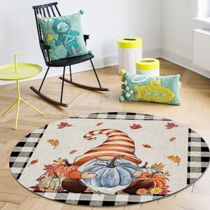 Thanksgiving Plaid Round Area Rug 3ft,Washable Outdoor Indoor Carpet Runner Rug for Bedroom,Kitchen,Living Room,Office,Area+Rug Small Bath Door Desk Floor Mat Buffalo Check Gnome Pumpkins Black Beige