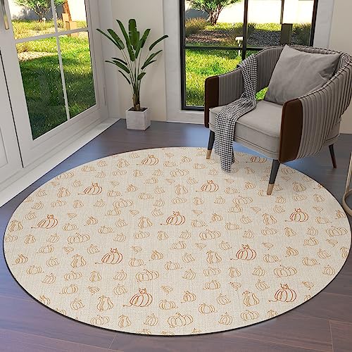 Minimalist Geometry Pumpkins Round Area Rug 3ft,Washable Outdoor Indoor Carpet Runner Rug for Bedroom,Kitchen,Living Room,Office,Area+Rug Small Bath Door Desk Floor Mat Thanksgiving Fall Autumn Beige