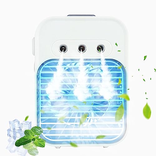 Portable Air Conditioner, 3-In-1 Personal Mute Air Cooler Mini Evaporative Fan, 7 Colors Light, 3 Spray Modes Desk Cooling Fan for Office Bedroom Kitchen Camping Car (White)