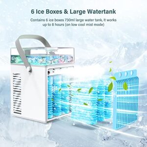 Portable Air Conditioners, 4 in 1 Rechargeable Evaporative Personal Cooler Humidifier with 6 Ice Boxes, 3 Speeds Quiet Mini AC with LED, Air Conditioner Desktop Cooling Fan for Office Tent Bedroom