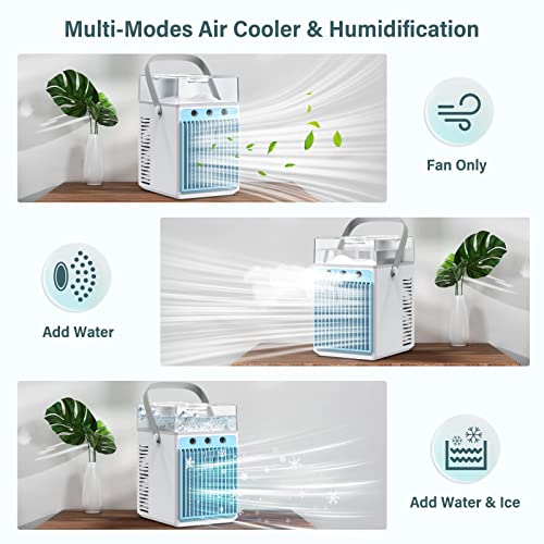 Portable Air Conditioners, 4 in 1 Rechargeable Evaporative Personal Cooler Humidifier with 6 Ice Boxes, 3 Speeds Quiet Mini AC with LED, Air Conditioner Desktop Cooling Fan for Office Tent Bedroom