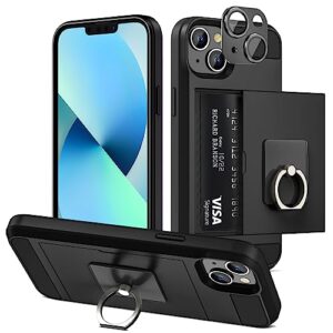vofolen for iphone 13 case wallet credit card holder with transparent ring stand kickstand, camera lens protector hidden pocket anti-scratch dual layer slim protective cover 6.1 inch black