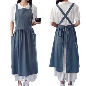 talibsa pinafore apron dress，japanese cotton linen cross back apron for women with pockets，pinafore dress with waist ties (turquoise blue)