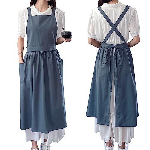 TALIBSA Pinafore Apron Dress，Japanese Cotton Linen Cross Back Apron for Women with Pockets，Pinafore Dress with Waist Ties (Turquoise Blue)