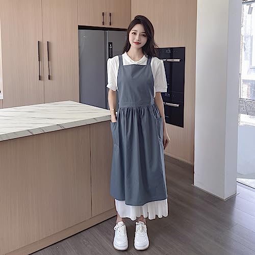 TALIBSA Pinafore Apron Dress，Japanese Cotton Linen Cross Back Apron for Women with Pockets，Pinafore Dress with Waist Ties (Turquoise Blue)