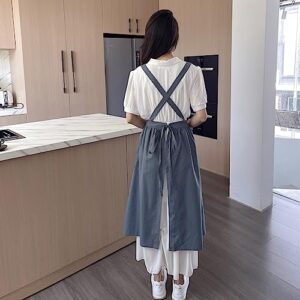 TALIBSA Pinafore Apron Dress，Japanese Cotton Linen Cross Back Apron for Women with Pockets，Pinafore Dress with Waist Ties (Turquoise Blue)