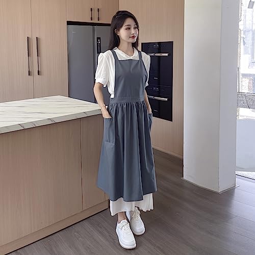 TALIBSA Pinafore Apron Dress，Japanese Cotton Linen Cross Back Apron for Women with Pockets，Pinafore Dress with Waist Ties (Turquoise Blue)