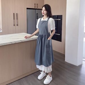 TALIBSA Pinafore Apron Dress，Japanese Cotton Linen Cross Back Apron for Women with Pockets，Pinafore Dress with Waist Ties (Turquoise Blue)