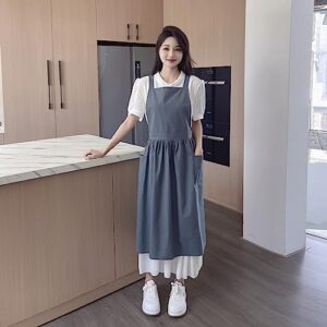 TALIBSA Pinafore Apron Dress，Japanese Cotton Linen Cross Back Apron for Women with Pockets，Pinafore Dress with Waist Ties (Turquoise Blue)