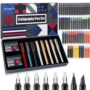 tianren calligraphy pen set,fountain pens with 8 different replaceable nibs with 60 ink cartridges(12 colors),calligraphy set for beginner writing drawing.