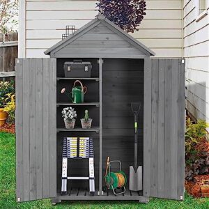 outdoor storage cabinet, storage shed with detachable shelves, wooden garden shed with waterproof roof, outside vertical tall tool shed for yard patio lawn deck garden (gray)