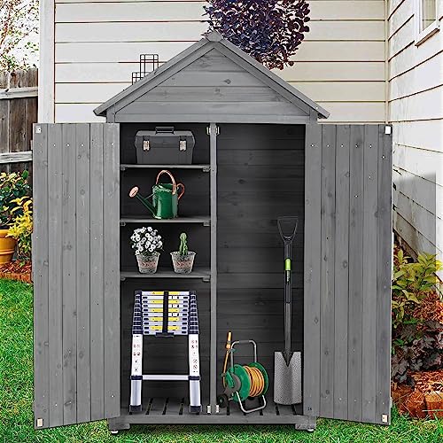 Outdoor Storage Cabinet, Storage Shed with Detachable Shelves, Wooden Garden Shed with Waterproof Roof, Outside Vertical Tall Tool Shed for Yard Patio Lawn Deck Garden (Gray)