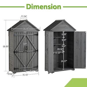 Outdoor Storage Cabinet, Storage Shed with Detachable Shelves, Wooden Garden Shed with Waterproof Roof, Outside Vertical Tall Tool Shed for Yard Patio Lawn Deck Garden (Gray)