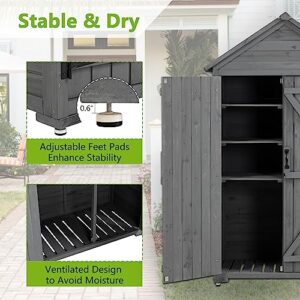 Outdoor Storage Cabinet, Storage Shed with Detachable Shelves, Wooden Garden Shed with Waterproof Roof, Outside Vertical Tall Tool Shed for Yard Patio Lawn Deck Garden (Gray)