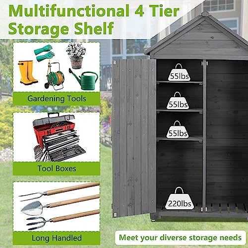 Outdoor Storage Cabinet, Storage Shed with Detachable Shelves, Wooden Garden Shed with Waterproof Roof, Outside Vertical Tall Tool Shed for Yard Patio Lawn Deck Garden (Gray)