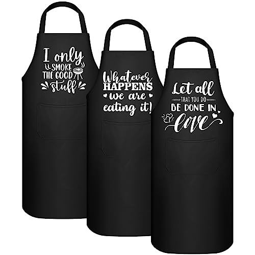 Lallisa Set of 3 Funny Kitchen Apron for Men Black Waterproof Chef Apron with Funny Sayings Pocket Aprons for Men Gift Ideas (Cute Style)