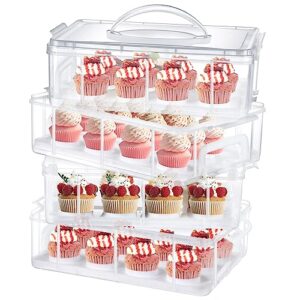 geetery cupcake containers cupcake carriers for 48 cupcakes or 4 large cakes 4 tier cupcake holder with lid plastic cupcake storage containers cupcake box stackable trays for cookie muffin, white