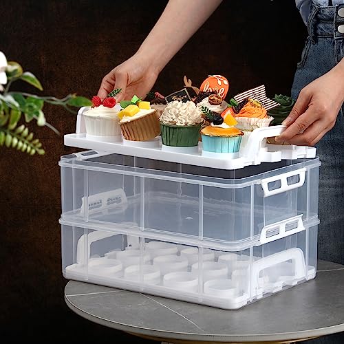 Geetery Cupcake Containers Cupcake Carriers for 48 Cupcakes or 4 Large Cakes 4 Tier Cupcake Holder with Lid Plastic Cupcake Storage Containers Cupcake Box Stackable Trays for Cookie Muffin, White