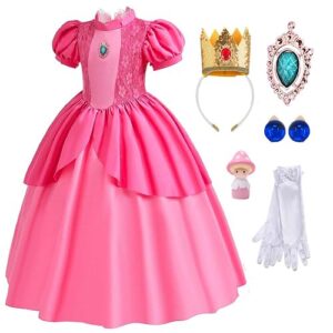 moagis kids girl princess peach costume pink dress halloween dress up outfits with crown gloves costumes for girls, 4-5y