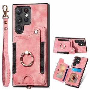 aiyze atop compatible with samsung galaxy s22 ultra case wallet leather | wrist strap | kickstand | card slot | rfid blocking | ring hoder | magnetic car mount function phone cover - pink