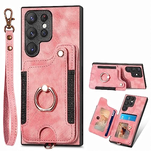 AIYZE ATOP Compatible with Samsung Galaxy S22 Ultra Case Wallet Leather | Wrist Strap | Kickstand | Card Slot | RFID Blocking | Ring Hoder | Magnetic Car Mount Function Phone Cover - Pink