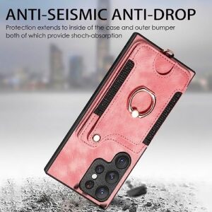 AIYZE ATOP Compatible with Samsung Galaxy S22 Ultra Case Wallet Leather | Wrist Strap | Kickstand | Card Slot | RFID Blocking | Ring Hoder | Magnetic Car Mount Function Phone Cover - Pink