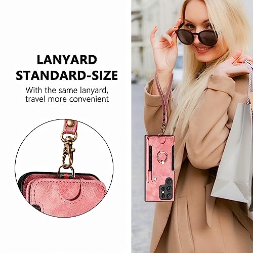 AIYZE ATOP Compatible with Samsung Galaxy S22 Ultra Case Wallet Leather | Wrist Strap | Kickstand | Card Slot | RFID Blocking | Ring Hoder | Magnetic Car Mount Function Phone Cover - Pink