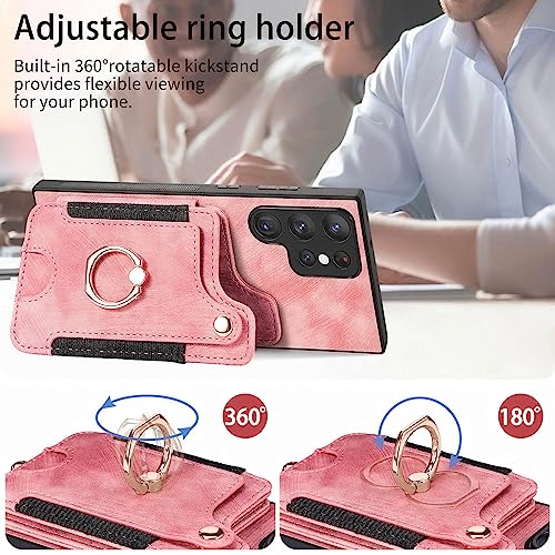 AIYZE ATOP Compatible with Samsung Galaxy S22 Ultra Case Wallet Leather | Wrist Strap | Kickstand | Card Slot | RFID Blocking | Ring Hoder | Magnetic Car Mount Function Phone Cover - Pink