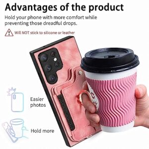 AIYZE ATOP Compatible with Samsung Galaxy S22 Ultra Case Wallet Leather | Wrist Strap | Kickstand | Card Slot | RFID Blocking | Ring Hoder | Magnetic Car Mount Function Phone Cover - Pink