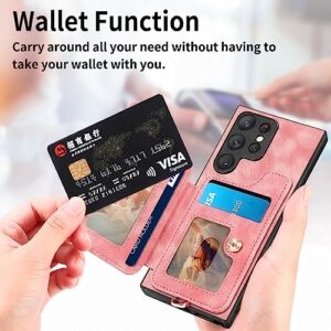 AIYZE ATOP Compatible with Samsung Galaxy S22 Ultra Case Wallet Leather | Wrist Strap | Kickstand | Card Slot | RFID Blocking | Ring Hoder | Magnetic Car Mount Function Phone Cover - Pink