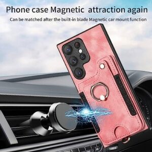 AIYZE ATOP Compatible with Samsung Galaxy S22 Ultra Case Wallet Leather | Wrist Strap | Kickstand | Card Slot | RFID Blocking | Ring Hoder | Magnetic Car Mount Function Phone Cover - Pink