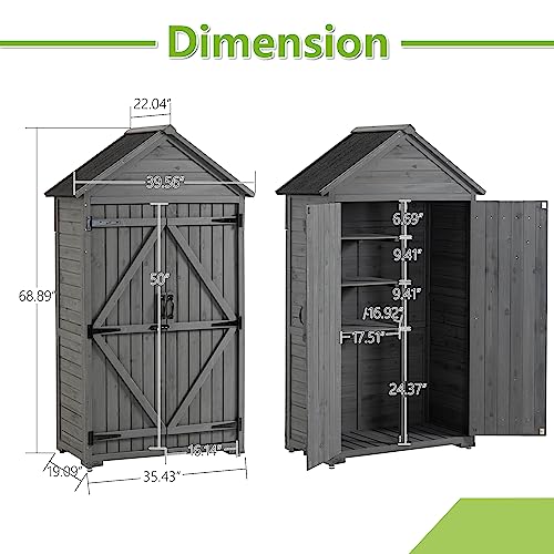 Wooden Garden Shed Solid Fir Wood Outdoor Storage Cabinet Backyard Garden Shed Tool Sheds Utility Organizer with Lockable 2 Double Doors and 3-Tier Shelves for Backyard Patio 39.56“x 22.04”x 68.89“