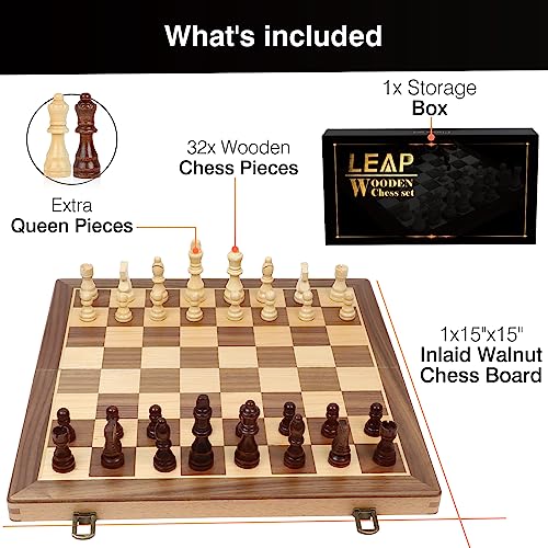 LEAP Wooden Chess Sets - 15" Walnut & Maple Folding Chess Board with with 2 Extra Queens | Wooden Chess Set | Chess Board Set | Chess Sets for Adults | Chess Sets for Adults & Kids