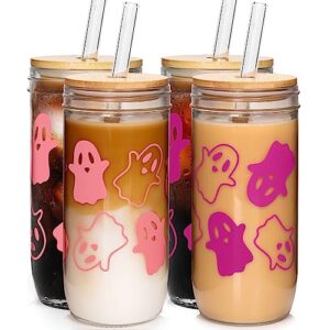 anotion halloween cups, 24oz halloween mason jar with lid and straw tumbler iced coffee cups halloween decor cookie jar glasses halloween glassware drinking water bottles halloween decorations indoor