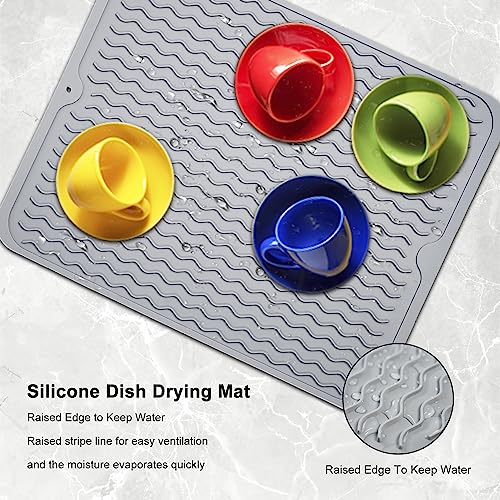 Silicone Dish Drying Mat - Dish Drying Mat for Kitchen Counter - Built-in Drain Lip - Easy to Clean - Eco-Friendly - Heat Resistant Mat for Kitchen Counter Sink or Drawer Liner - Gray