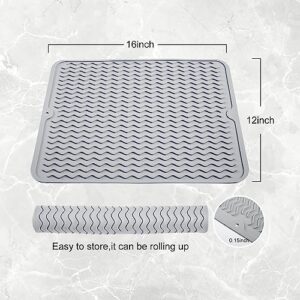 Silicone Dish Drying Mat - Dish Drying Mat for Kitchen Counter - Built-in Drain Lip - Easy to Clean - Eco-Friendly - Heat Resistant Mat for Kitchen Counter Sink or Drawer Liner - Gray