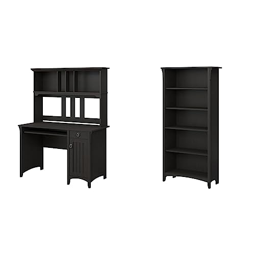 Bush Furniture Salinas Computer Hutch | Study Table with Drawers, Cabinets & Pullout Keyboard/Laptop Tray & Salinas 5 Shelf Bookcase, Tall Bookshelf for Living Room and Home Office