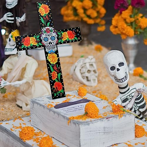 Thyle Table Wooden Cross Decor Mexican Cross for Home Tables Standing Cross Dia De Los Muertos Sugar Skull Signs for Day of the Dead Home Church Party Decoration