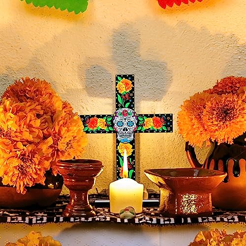 Thyle Table Wooden Cross Decor Mexican Cross for Home Tables Standing Cross Dia De Los Muertos Sugar Skull Signs for Day of the Dead Home Church Party Decoration