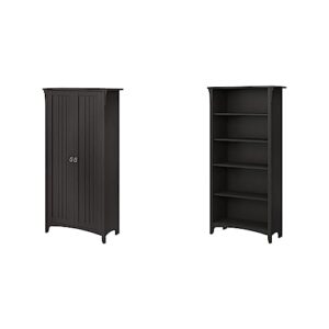 bush furniture salinas tall storage cabinet with doors in vintage black & salinas 5 shelf bookcase, tall bookshelf for living room and home office