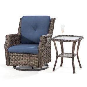 Meetleisure Outdoor Swivel Rocker Patio Chair with Matching Side Table - 360 Degree Patio Swivel Glider Chair with 3.5" Olefin Cushions(Mixed Grey/Blue)