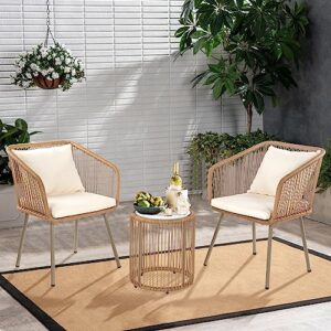 3 Piece Patio Bistro Set,Outdoor Conversation Sets, Small Patio Furniture Set w/ Glass Top Table and 2 Chairs,Outdoor Table and Chairs Set of 2,Wicker Patio Chairs for Yard Lawn Garden Porch Backyard