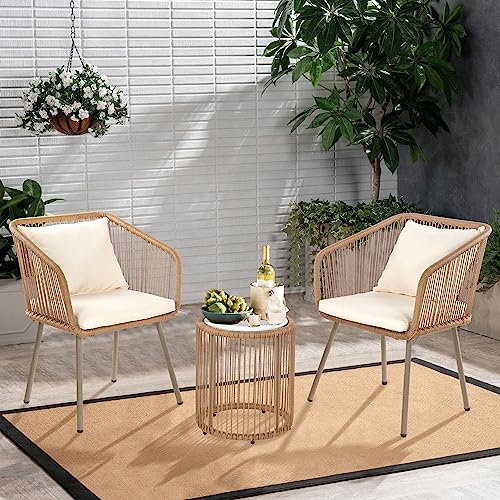 3 Piece Patio Bistro Set,Outdoor Conversation Sets, Small Patio Furniture Set w/ Glass Top Table and 2 Chairs,Outdoor Table and Chairs Set of 2,Wicker Patio Chairs for Yard Lawn Garden Porch Backyard