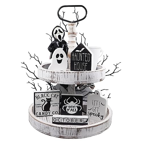 MISBEST Halloween Tiered Tray Decor,Halloween Decorations Hunted House Black Cat BOO Spooky Halloween Table Wooden Sign Halloween Tiered Tray,Halloween Shelf Decoration Fall Farmhouse Decor