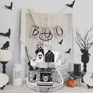 MISBEST Halloween Tiered Tray Decor,Halloween Decorations Hunted House Black Cat BOO Spooky Halloween Table Wooden Sign Halloween Tiered Tray,Halloween Shelf Decoration Fall Farmhouse Decor