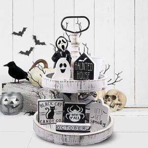 MISBEST Halloween Tiered Tray Decor,Halloween Decorations Hunted House Black Cat BOO Spooky Halloween Table Wooden Sign Halloween Tiered Tray,Halloween Shelf Decoration Fall Farmhouse Decor