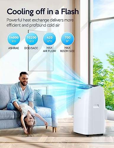 VAGKRI Portable Air Conditioners 14000 BTU ASHRAE (10200 BTU DOE/SACC), 3-in-1 AC Unit with Fan & Dehumidifier Cools up to 700 sq. ft, Smart/Sleep Mode 3 Fan Speeds Auto Swing 24H Timer Remote Control